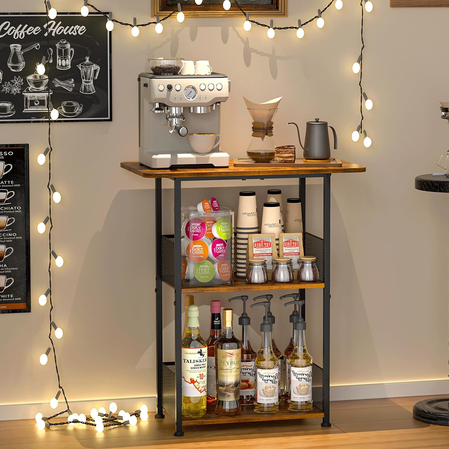 Home Bar Setup - ミニフロアスタンド型コーヒーバーシェルフ、3段小型コーヒーテーブル、コーナーファームハウスコーヒーバーキャビネット；ダイニングルーム、リビングルーム-カプセル、コーヒーメーカー（ブラウン+ブラック）